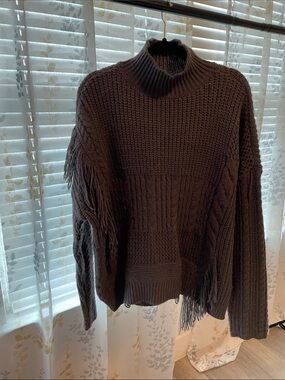 Chunky Fringe Turtleneck Sweater - Dark Grey